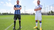 Brandon Mechele et Mats Rits posent avec les nouveaux maillots du Club de Bruges pour la saison 2020-2021 Brandon Mechele et Mats Rits posent avec les nouveaux maillots du Club de Bruges pour la saison 2020-2021