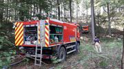 Les pompiers ont dû tirer de longues conduites d'eau à travers la forêt pour pouvoir arriver jusqu'à l'incendie situé à une centaine de mètres du chemin le plus proche Les pompiers ont dû tirer de longues conduites d'eau à travers la forêt pour pouvoir arriver jusqu'à l'incendie situé à une centaine de mètres du chemin le plus proche