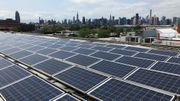 Le toit de l'immeuble de Greenpoint où se trouve une ferme de Gothams Greens est équipé de panneaux photovoltaïques. Le toit de l'immeuble de Greenpoint où se trouve une ferme de Gothams Greens est équipé de panneaux photovoltaïques.
