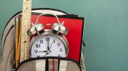 Back Pack, School Supplies, Alarm Clock and Chalkboard Back Pack, School Supplies, Alarm Clock and Chalkboard