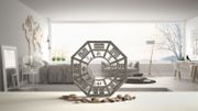 White table shelf with bagua and pebble stone, white scandinavian bedroom with big panoramic window, zen concept interior design, feng shui template idea background White table shelf with bagua and pebble stone, white scandinavian bedroom with big panoramic window, zen concept interior design, feng shui template idea background