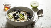 Greek yogurt with apple, blackberries, blue berries and honey Greek yogurt with apple, blackberries, blue berries and honey