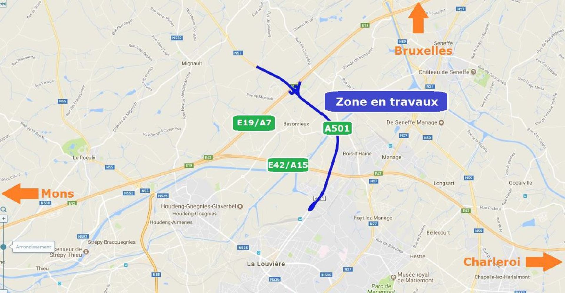 De nouveaux travaux l'autoroute E19 dans le sens MonsBruxelles