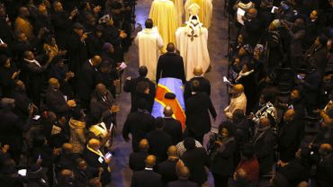 Le cercueil d'Etienne Tshisekedi lors d'une cérémonie funéraire à la basilique de Koekelberg, à Bruxelles, le 9 février 2017.