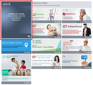 MyCareer, MyPension, Student At Work... autant de service déjà accessibles en ligne, auxquels viendra s'ajouter la eBox (ici encadrée en rouge) ce 4 octobre. MyCareer, MyPension, Student At Work... autant de service déjà accessibles en ligne, auxquels viendra s'ajouter la eBox (ici encadrée en rouge) ce 4 octobre.