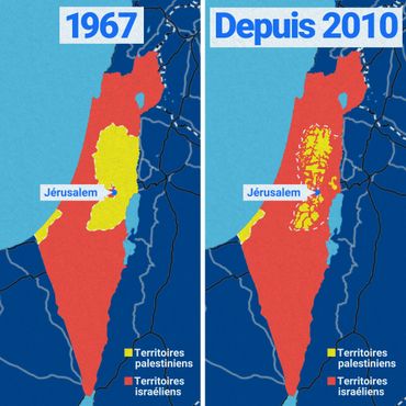 La Cisjordanie est aujourd'hui complètement morcelée. Les zones d'habitations palestiniennes (en jaune) s'entremêlent avec les colonies israéliennes (en rouge). La Cisjordanie est aujourd'hui complètement morcelée. Les zones d'habitations palestiniennes (en jaune) s'entremêlent avec les colonies israéliennes (en rouge).
