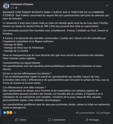 Le communiqué Facebook de la commune d'Esneux Le communiqué Facebook de la commune d'Esneux
