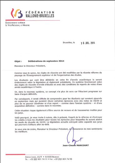 La lettre envoyée par Jean-Claude Marcourt aux directeurs d'établissements de l'enseignement supérieur. La lettre envoyée par Jean-Claude Marcourt aux directeurs d'établissements de l'enseignement supérieur.