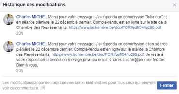Une réponse à un internaute sur la page Facebook de Charles Michel. Le texte a été modifié après publication. Une réponse à un internaute sur la page Facebook de Charles Michel. Le texte a été modifié après publication.