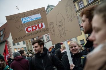 Manifestation contre le parti d'extrême droite AfD, le 6 janvier 2020 à Erfurt, en ex-RDA Manifestation contre le parti d'extrême droite AfD, le 6 janvier 2020 à Erfurt, en ex-RDA