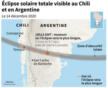 Carte de l'éclipse totale du soleil au Chili et en Argentine Carte de l'éclipse totale du soleil au Chili et en Argentine
