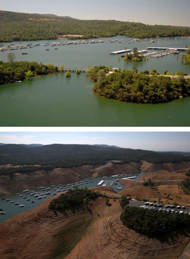 La Marina Bidwell du Lac d'Oroville le 20 juillet 2011 et le 19 août 2014. La Marina Bidwell du Lac d'Oroville le 20 juillet 2011 et le 19 août 2014.