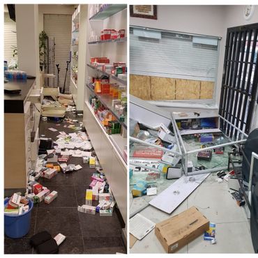 La pharmacie et le magasin de téléphonie vandalisés hier dans le quartier des Etangs-Noirs à Molenbeek-Saint-Jean La pharmacie et le magasin de téléphonie vandalisés hier dans le quartier des Etangs-Noirs à Molenbeek-Saint-Jean