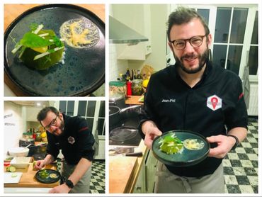 Fausse raviole de céleri vert, tartare de Saint-Jacques à la pomme Granny et mayonnaise au beurre noisette Fausse raviole de céleri vert, tartare de Saint-Jacques à la pomme Granny et mayonnaise au beurre noisette