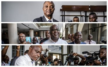 De haut en bas, Emmanuel Ramazani Shadary (candidat désigné par Joseph Kabila), Félix Tshisekedi (candidat de l'UDPS) et Martin Fayulu (candidat supposé unique de l'opposition) De haut en bas, Emmanuel Ramazani Shadary (candidat désigné par Joseph Kabila), Félix Tshisekedi (candidat de l'UDPS) et Martin Fayulu (candidat supposé unique de l'opposition)