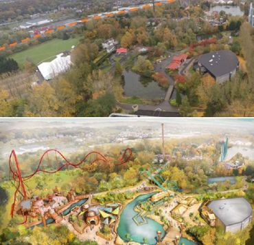 En haut de l'image, la situation actuelle. En bas, une projection de ce que souhaite faire Walibi sur les quatre hectares de zone verte. En haut de l'image, la situation actuelle. En bas, une projection de ce que souhaite faire Walibi sur les quatre hectares de zone verte.