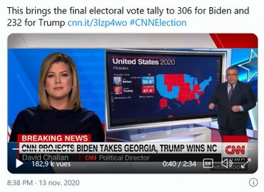 CNN annonce les résultats à l'aide d'une carte qui représente les Etats remportés par les Républicains ou les Démocrates. CNN annonce les résultats à l'aide d'une carte qui représente les Etats remportés par les Républicains ou les Démocrates.