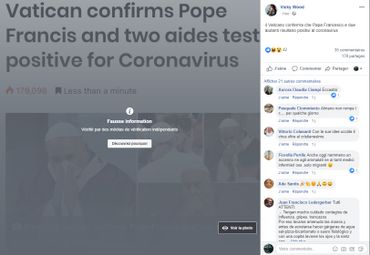 Le post relatif à la communication du Vatican selon laquelle le pape François avait été testé deux fois positif au Coronavirus. Le post relatif à la communication du Vatican selon laquelle le pape François avait été testé deux fois positif au Coronavirus.