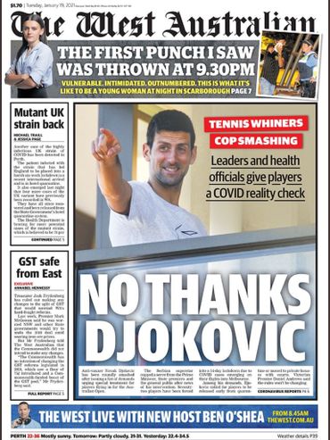 Novak Djokovic n'est pas épargné, dans la presse australienne Novak Djokovic n'est pas épargné, dans la presse australienne