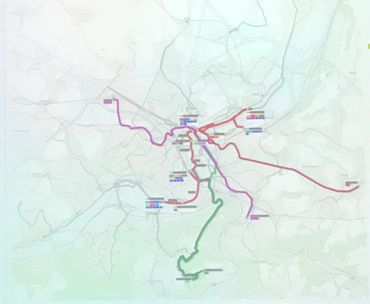 En mauve, une nouvelle ligne rapide vers Ans et vers Chênée, en verts, les deux lignes vers le Sart Tilman En mauve, une nouvelle ligne rapide vers Ans et vers Chênée, en verts, les deux lignes vers le Sart Tilman