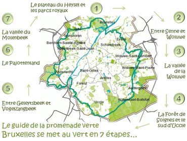 la Promenade Verte est divisé en 7 sections représentant différentes facettes des paysages de la région bruxelloise. la Promenade Verte est divisé en 7 sections représentant différentes facettes des paysages de la région bruxelloise.