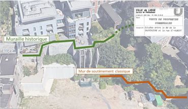 En vert, la muraille historique, en rouge le mur à consolider, au entre du litige En vert, la muraille historique, en rouge le mur à consolider, au entre du litige