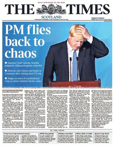 Le quotidien fait référence au retour précipité de Boris Johnson au Royaume-Uni. Le quotidien fait référence au retour précipité de Boris Johnson au Royaume-Uni.