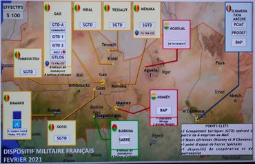 Carte des emplacements de l'armée française au Sahel, Paris, le 16 février 2021. Carte des emplacements de l'armée française au Sahel, Paris, le 16 février 2021.