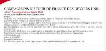La déclaration de l'Union Compagnonnique suite à l'incendie qui a ravagé de Notre-Dame de Paris La déclaration de l'Union Compagnonnique suite à l'incendie qui a ravagé de Notre-Dame de Paris