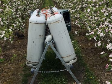Des canons à chaleur pour réchauffer les pommiers. Serge Fallon et son épouse ont fait l'investissement pour éviter les ravages du gel d'avril. Des canons à chaleur pour réchauffer les pommiers. Serge Fallon et son épouse ont fait l'investissement pour éviter les ravages du gel d'avril.