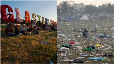 A gauche : une photo prise à Glastonbury en 2010. A droite : la plaine du même festival recouverte de déchets en 2015. A gauche : une photo prise à Glastonbury en 2010. A droite : la plaine du même festival recouverte de déchets en 2015.