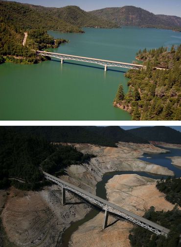 Vues du "Enterprise Brigde" sur le Lac d'Oroville le 20 juillet 2011 et le 19 août 2014. Vues du "Enterprise Brigde" sur le Lac d'Oroville le 20 juillet 2011 et le 19 août 2014.