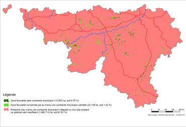 Carte regroupant toutes les causes d'exclusion à l'installation d'éoliennes (en rouge). Carte regroupant toutes les causes d'exclusion à l'installation d'éoliennes (en rouge).