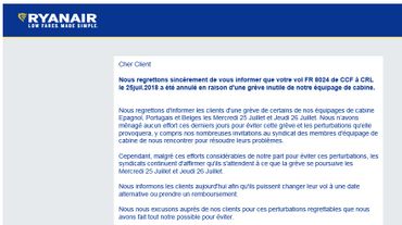 Ryanair: dans un mail adressé à ses clients, la direction parle d'une grève "inutile" Ryanair: dans un mail adressé à ses clients, la direction parle d'une grève "inutile"