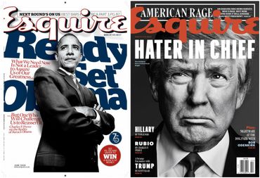 A gauche, la couverture du magazine "Esquire" de novembre 2008 avec Barack Obama en couverture. A droite, le même magazine en janvier 2016. A gauche, la couverture du magazine "Esquire" de novembre 2008 avec Barack Obama en couverture. A droite, le même magazine en janvier 2016.