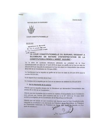 Première page de la déclaration de la Cour constitutionnelle concernant la candidature de Nkurunziza à la présidence Première page de la déclaration de la Cour constitutionnelle concernant la candidature de Nkurunziza à la présidence