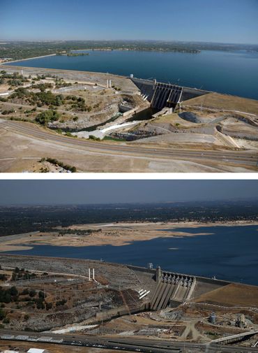 Vues du barrage du Lac de Folsom le 20 juillet 2011 et le 19 août 2014. Vues du barrage du Lac de Folsom le 20 juillet 2011 et le 19 août 2014.