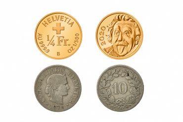 Montage photos montrant une pièce de 25 francs suisses en or émise en 2020, et une pièce de 10 cents datant de 1879. Ces deux pièces sont entrées dans le livre Guinness des records en tant que plus petite pièce commémorative du monde et plus ancienne pièce originale encore en circulation. Montage photos montrant une pièce de 25 francs suisses en or émise en 2020, et une pièce de 10 cents datant de 1879. Ces deux pièces sont entrées dans le livre Guinness des records en tant que plus petite pièce commémorative du monde et plus ancienne pièce originale encore en circulation.