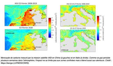 Vue du taux de monoxyde de carbone dans le nord-est de la Chine et le nord de l'Italie Vue du taux de monoxyde de carbone dans le nord-est de la Chine et le nord de l'Italie