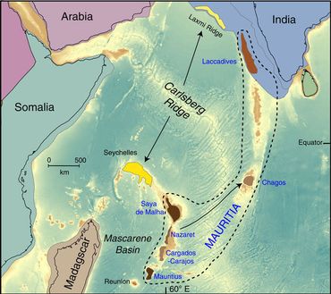 Localisation possible des fragments de continent Mauritia dans l'océan Indien Localisation possible des fragments de continent Mauritia dans l'océan Indien