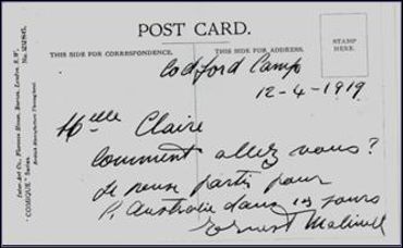 Carte postale envoyée par Ernest Malivel à Claire Gheur Carte postale envoyée par Ernest Malivel à Claire Gheur