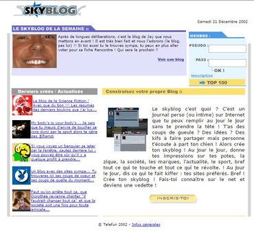 La toute première capture d'écran de la page d'accueil de Skyblog.com conservée par la Wayback Machine La toute première capture d'écran de la page d'accueil de Skyblog.com conservée par la Wayback Machine
