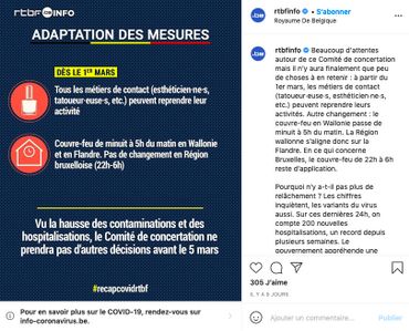 Capture d'écran d'un post Instagram de la page RTBF Info datant du 26 février 2021. Capture d'écran d'un post Instagram de la page RTBF Info datant du 26 février 2021.