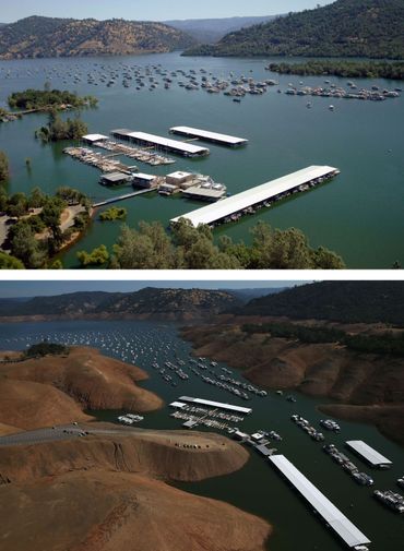 La Marina Bidwell du Lac d'Oroville le 20 juillet 2011 et le 19 août 2014. La Marina Bidwell du Lac d'Oroville le 20 juillet 2011 et le 19 août 2014.