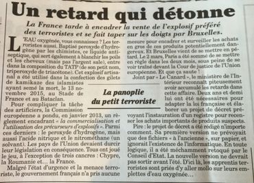 TATP, l'explosif des attentats de l'EI: ses composants encadrés partout... sauf en France TATP, l'explosif des attentats de l'EI: ses composants encadrés partout... sauf en France
