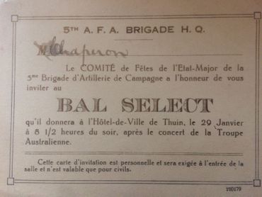 Invitation au bal de la 5e brigade de l'A.F.A (l'Australian Field Artillery) Invitation au bal de la 5e brigade de l'A.F.A (l'Australian Field Artillery)