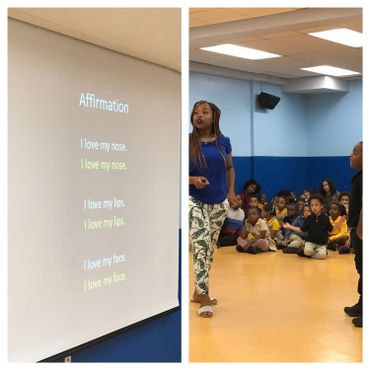 Le vendredi matin, les enfants participent à une séance d'affirmation de soi. "J'aime mon nez. J'aime mes lèvres. J'aime mon visage." Le vendredi matin, les enfants participent à une séance d'affirmation de soi. "J'aime mon nez. J'aime mes lèvres. J'aime mon visage."