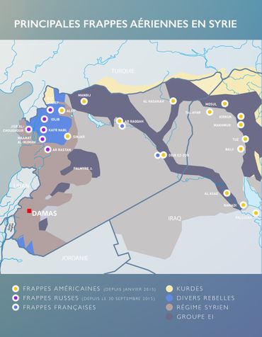 Principales frappes aériennes américaines, russes et françaises en Syrie et dans le nord de l'Irak Principales frappes aériennes américaines, russes et françaises en Syrie et dans le nord de l'Irak