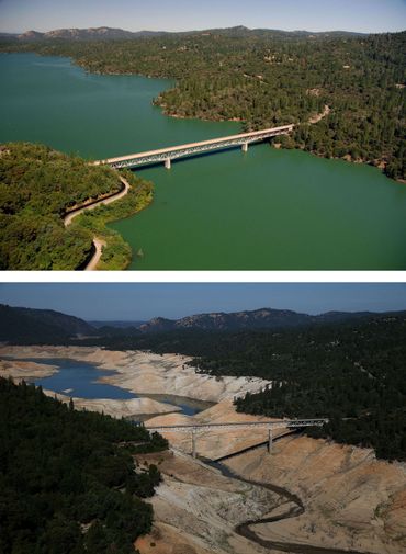 Vues du "Green Brigde" sur le Lac d'Oroville le 20 juillet 2011 et le 19 août 2014. Vues du "Green Brigde" sur le Lac d'Oroville le 20 juillet 2011 et le 19 août 2014.