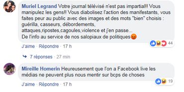 Sur la page Facebook RTBF Info, des messages illustrent la méfiance à l'égard de la couverture du mouvement des gilets jaunes par la RTBF Sur la page Facebook RTBF Info, des messages illustrent la méfiance à l'égard de la couverture du mouvement des gilets jaunes par la RTBF